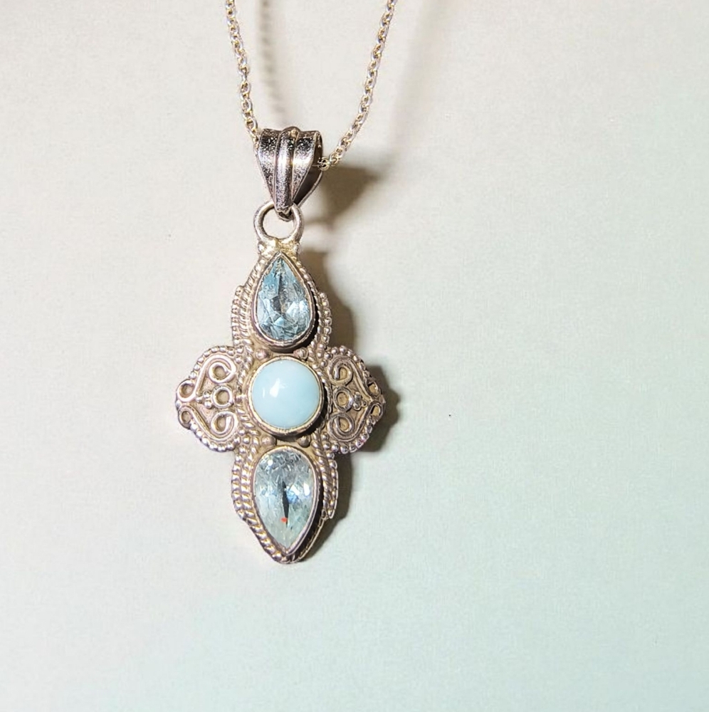 Larimar & Blue Topaz Sterling Silver Pendant Necklace – Ornate Balinese Style